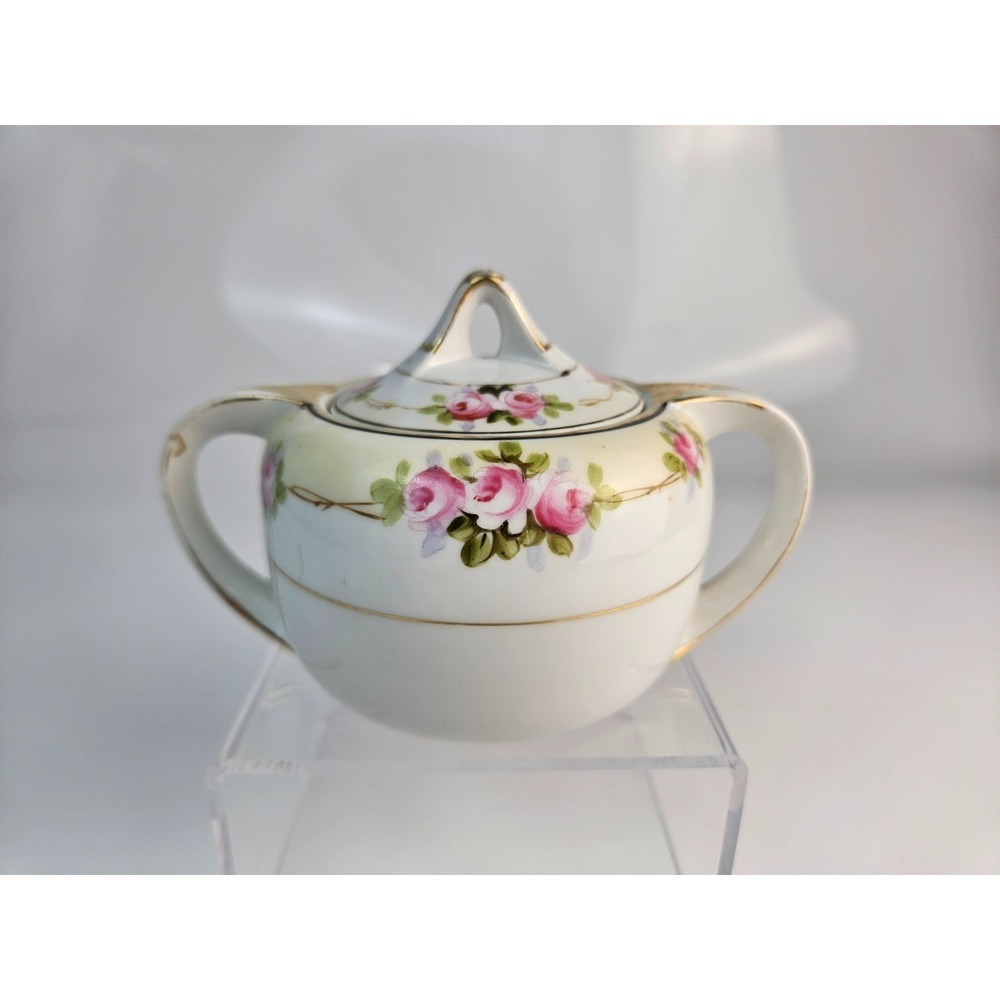 Antique Hand Painted Nippon Porcelain Sugar Bowl Roses‎ Gold Japan